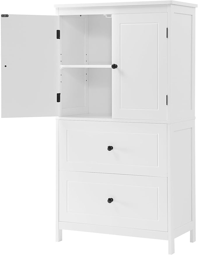 Tall Storage Cabinet, Bathroom Floor Freestanding Storage Cabinet with 2 Doors and 2 Drawers for Bathroom, Office, Living Room, White