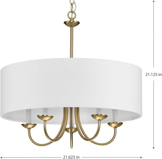 Progress Lighting Drum Shade Collection Five-Light Chandelier, Farmhouse Style Hanging Ceiling Light Fixture for Dining Rooms, Foyers, White Fabric Shade, Brushed Bronze