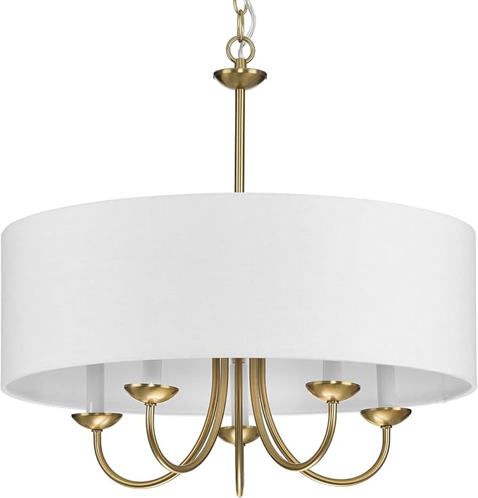 Progress Lighting Drum Shade Collection Five-Light Chandelier, Farmhouse Style Hanging Ceiling Light Fixture for Dining Rooms, Foyers, White Fabric Shade, Brushed Bronze