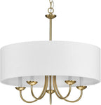 Progress Lighting Drum Shade Collection Five-Light Chandelier, Farmhouse Style Hanging Ceiling Light Fixture for Dining Rooms, Foyers, White Fabric Shade, Brushed Bronze