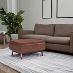 SIMPLIHOME Owen 34 inch Wide Mid Century Modern Rectangle Tray Top Small Coffee Table Storage Ottoman in Distressed Saddle Brown Vegan Faux Leather, Assembled, For the Living Room and Entryway