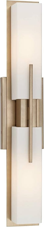 Possini Euro Design Midtown Modern Wall Light Burnished Brass Gold Metal Hardwired 23 1/2" 2-Light Fixture White Glass Shade for Bedroom Bedside Bathroom Vanity Living Room Hallway Dining House