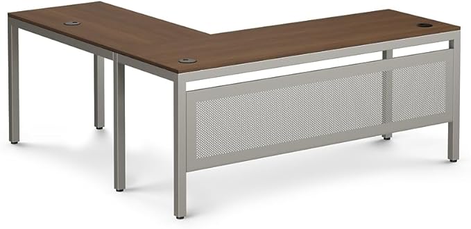 NBF at Work Reversible L Shaped Executive Office Desk - Durable Espresso Laminate Computer Desk with Steel Frame - Modern Desk with 3 Grommet Holes - 60" W x 60" D Work Desk for Home (Brown)