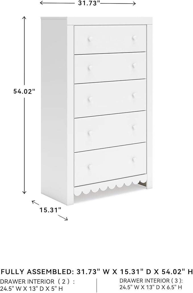 Signature Design by Ashley Mollviney Coastal 5-Drawer Chest of Drawers with Safety Stop and Scalloped Detailing, White