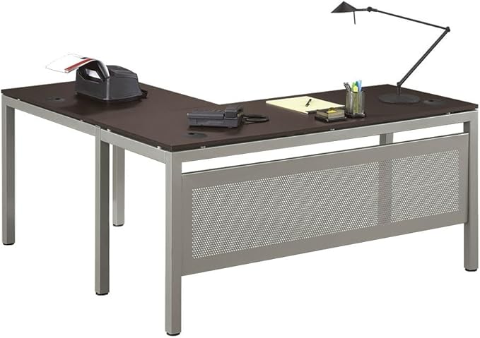 nbf signature series at Work Reversible L Shaped Desk 60" w x 60" d Ergonomic Corner Computer Desk with Warm Ash Laminate/Brushed Nickel Steel Frame for Office Use