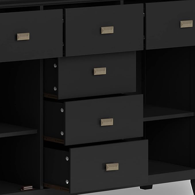 SIMPLIHOME Artisan Buffet - 54 inch Wide Solid Wood 3-Door Sideboard Buffet in Black, Contemporary Storage Cabinet for Dining Room or Kitchen with Adjustable Shelves and Bronze Hardware