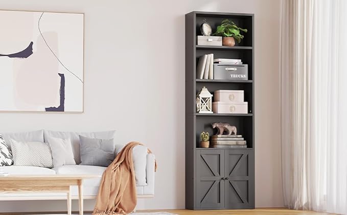 MXV 6-Tier Bookshelf and Bookcase Set of 2, Wooden Bookshelves with Cabinet Doors, Floor Bookshelves and Office Storage Cabinets for Home Office, Living Room (Black 2 Pack, 6-Tier)