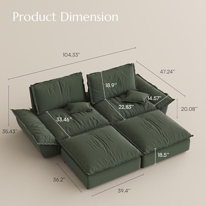 POVISON Oversized Modular Sectional Sailboat Sofa for Living Room with Adjustable Backrest Modern Sectional Couches Loveseat Large Deep Sofa 2 Seats with 2 Ottomans Comfy Cloud Couch for House Office