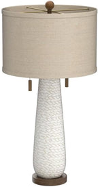 Possini Euro Design Kingston Mid Century Modern Table Lamp 32 3/4" Tall White Grooved Patterned Ceramic Taupe Drum Shade for Bedroom Living Room House Bedside Nightstand Home Office Entryway Family