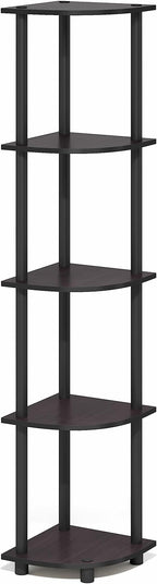 Furinno Turn-N-Tube Corner Shelf, 5-Tier Corner Bookshelf, Open Storage Shelves, for Organization and Storage, Living Room, Home Office, Garage, Bedroom, Dark Mocha