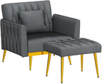 Velvet Accent Chair with Adjustable Armrests and Backrest, Button Tufted Lounge Chair, Single Recliner Armchair with Ottoman and Pillow for Living Room, Bedroom, Grey