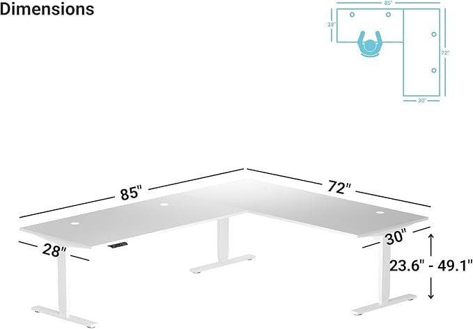 Progressive Desk Stand Up Height Adjustable Standing Desk - L Shaped 85" x 72" Corner Computer Rising Workstation Electric Table - Warm White, Black Frame