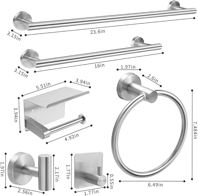 Brushed Silver 16-Piece Bathroom Hardware Set Stainless Steel, 24in and 16in Towel Bars Set Wall Mounted Bathroom Accessories