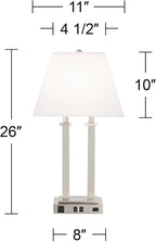 Possini Euro Design Amity Modern Table Lamp 26" High with USB and AC Power Outlet in Base Brushed Nickel White Linen Hardback Shade for Bedroom Living Room House Home Desk Bedside Nightstand Office