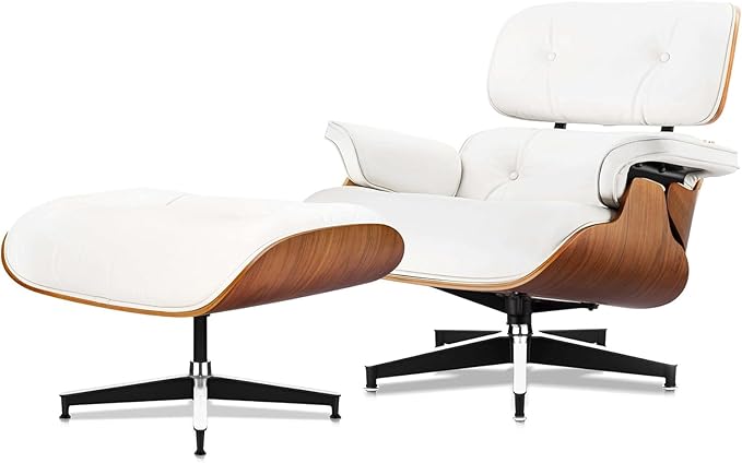 Top White Grain Leather, Mid Century Chaise Lounge Chair and Ottoman, Modern Chair Classic Design, Walnut Wood, Heavy Duty Base Support for Living Room Office