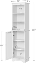 Yaheetech Tall Slim Storage Cabinet with 3 Shelves & Door, Freestanding Linen Cabinet for Bathroom, Living Room, Entryway, 16 x 12 x 60.5 Inches, White