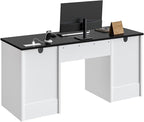 Bestier 59” Office Desk with Lockable Drawers, Modern Computer Desk with File Drawer, Charging Station & Drop-Front Keyboard Drawer, Executive Desk with Storage Cabinet for Home Office & Studio, White