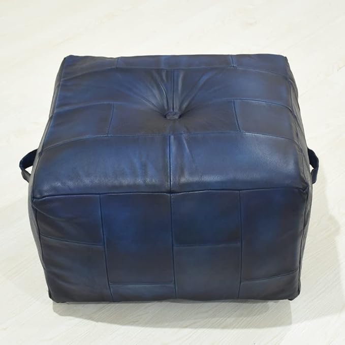 Handmade Eco-Friendly Geometric Leather Pouf Vintage Blue Color Square 21" x 21" x 12" Buffalo Leather Pouf for Living Room, Bedroom Seating, Patio