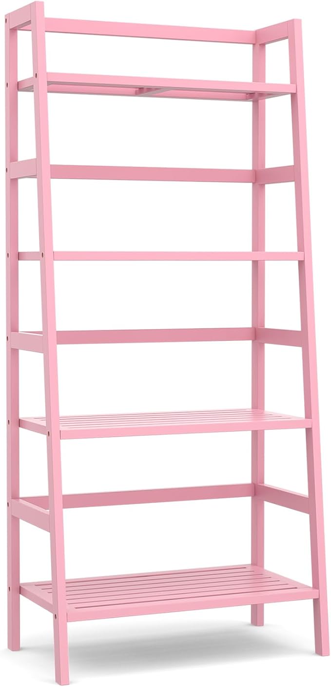 Homykic Bamboo Ladder Bookshelf, 4-Tier Ladder Shelf Open Book Shelf Freestanding Bookcase Bathroom Storage Rack Plant Stand for Living Room, Bedroom, Office, Easy Assembly, Pink