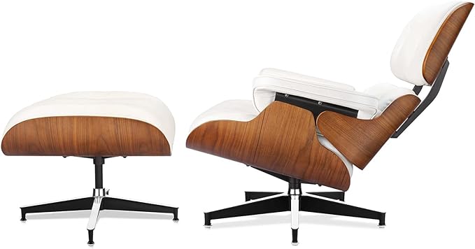Top White Grain Leather, Mid Century Chaise Lounge Chair and Ottoman, Modern Chair Classic Design, Walnut Wood, Heavy Duty Base Support for Living Room Office