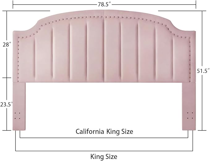 24KF Velvet Fabric Upholstered King/California King Headboard with Nail Trims, Modern Vertical Channel Design with Curved King Headboard, 6052-K-Pink