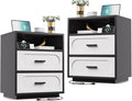 Nightstands Set of 2 with Charging Station, 25.8" Tall Wide Bedside Table with 2 Storage Drawers & Open Shelf, Mid Century Modern Wood End Table for Bedroom, Living Room, Black/White