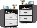 Nightstands Set of 2 with Charging Station, 25.8" Tall Wide Bedside Table with 2 Storage Drawers & Open Shelf, Mid Century Modern Wood End Table for Bedroom, Living Room, Black/White