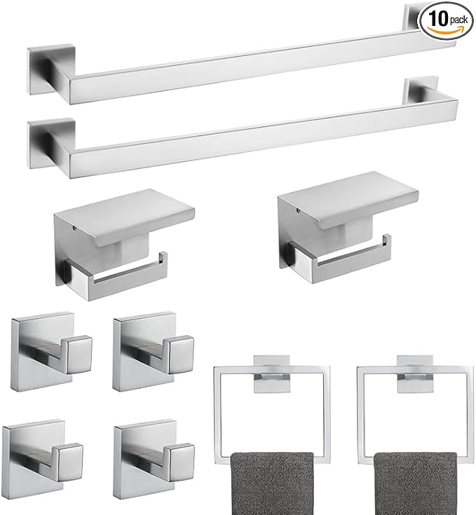 10-Piece Bathroom Hardware Kit - Brushed Finish SUS304 Stainless Steel Set, Featuring 2 x 23.6 Towel Bars, 2 Towel Rings, 2 Toilet Paper Holders & 4 Towel Hooks (Brushed Stainless) (Brushed Finish)