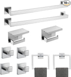10-Piece Bathroom Hardware Kit - Brushed Finish SUS304 Stainless Steel Set, Featuring 2 x 23.6 Towel Bars, 2 Towel Rings, 2 Toilet Paper Holders & 4 Towel Hooks (Brushed Stainless) (Brushed Finish)