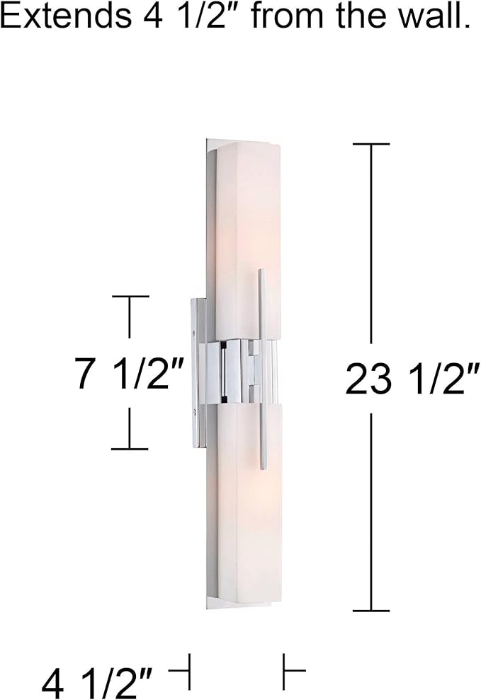 Possini Euro Design Midtown Modern Wall Lights Set of 2 Chrome Silver Metal Hardwired 4 1/2" Fixture White Glass Rectangular Shade for Bedroom Bathroom Vanity Living Room Home Hallway Dining House