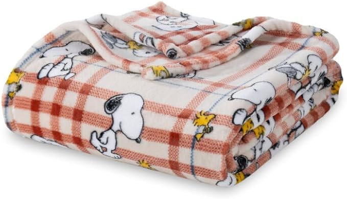 Berkshire Blanket Peanuts® VelvetLoft® Cute Character Snoopy Plush Blanket,Snoopy and Woodstock Wood Holiday Plaid Medium Tan,Twin 60 in x 90 in (Official Peanuts® Product)