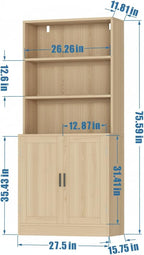75" Tall Bookcase with Doors, 5 Tier Large Bookshelf with Cabinet, Standing Wood Display Book Shelf for Living Room, Office, Library with Doors, Oak
