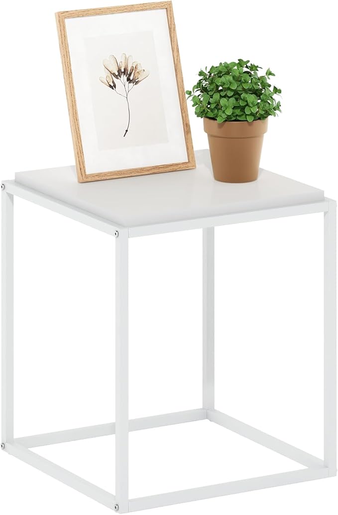 Furinno Moretti Side Table, 1-Tier Stackable Metal Frame End Table, Night Stand, Bedside Table, Toolless Assembly, for Living Room, Bedroom, Solid White