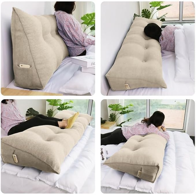 WOWMAX Wedge Pillow Headboard Dorm Headboard Twin XL Bed Bolster Pillow for Bed with Removable Cover, 85% Linen 15% Cotton Blend, Natural Color