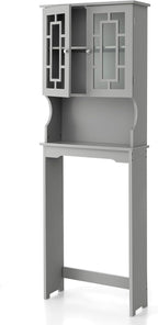 BestComfort Wooden Over The Toilet Storage Cabinet, Home Bathroom Space Saver, Double Doors, Adjustable Shelf Organizer, Open Storage Shelf, Freestanding Toilet Storage Rack Unit (Gray), Grey