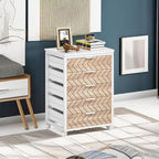 Tribesigns 5 Drawer Chest, Wood Storage Dresser Cabinet with Wheels, Industrial Storage Drawer Organizer Cart for Office Bedroom Entryway (Beige & White, 1 PC)