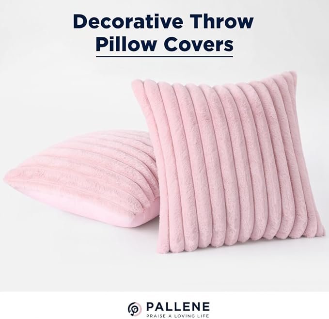 Pallene Faux Fur Plush Throw Pillow Covers 16x16 Set of 2, Luxury Soft Fluffy Striped Decorative Pillow Covers for Sofa, Couch, Living Room, Blush Pink