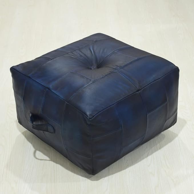 Handmade Eco-Friendly Geometric Leather Pouf Vintage Blue Color Square 21" x 21" x 12" Buffalo Leather Pouf for Living Room, Bedroom Seating, Patio