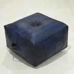 Handmade Eco-Friendly Geometric Leather Pouf Vintage Blue Color Square 21" x 21" x 12" Buffalo Leather Pouf for Living Room, Bedroom Seating, Patio