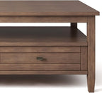 SIMPLIHOME Warm Shaker Coffee Table - 48 inch Wide Solid Wood Cocktail Table in Rustic Natural Aged Brown, Transitional Living Room Table with 2 Storage Drawers and Open Shelf for Sitting Area