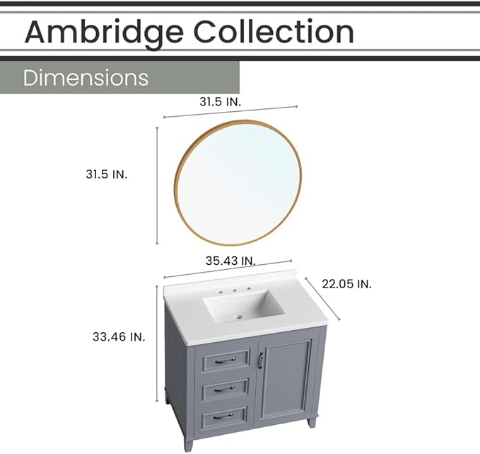 Hanover Ambridge 36'' Vanity Cabinet with Sink Combo for Bathroom, Powder Room | Pre-Assembled Cabinet | 1 Door, 3 Drawers | Artificial Stone Countertop, Gray Cabinet