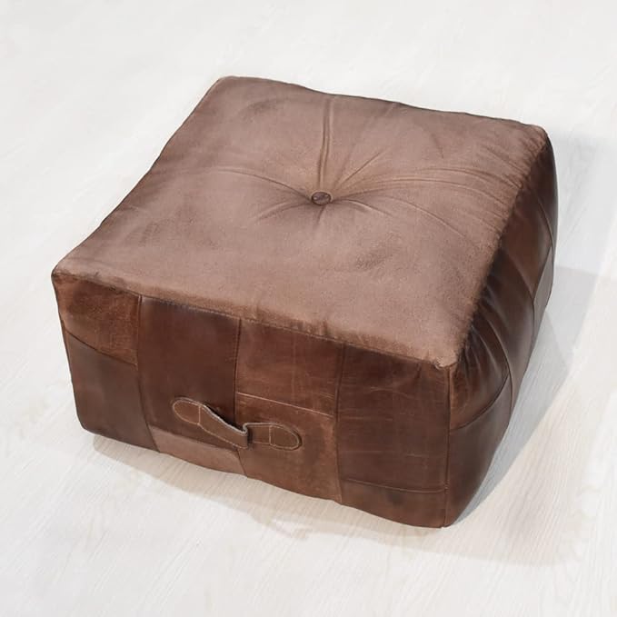 Handmade Eco-Friendly Geometric Leather Pouf Brown Color Square 21" x 21" x 12" Buffalo Leather Pouf for Living Room, Bedroom Seating, Patio
