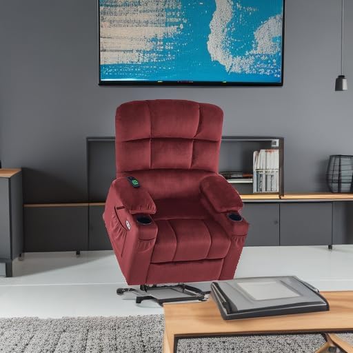 MCombo Large Dual Motor Power Lift Recliner Chair for Elderly, Massage and Heat, Lay Flat, Zero Gravity, Home Button, USB Port, Fabric 7680 (Large, Burgundy)