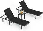 Pool Lounge Chairs Set of 3 (2 Loungers + 1 Side Table)，Outdoor Lounge Chairs with Wheels and 5-Position Recliner, Aluminum Patio Lounge Chair for Poolside, Deck (Black)