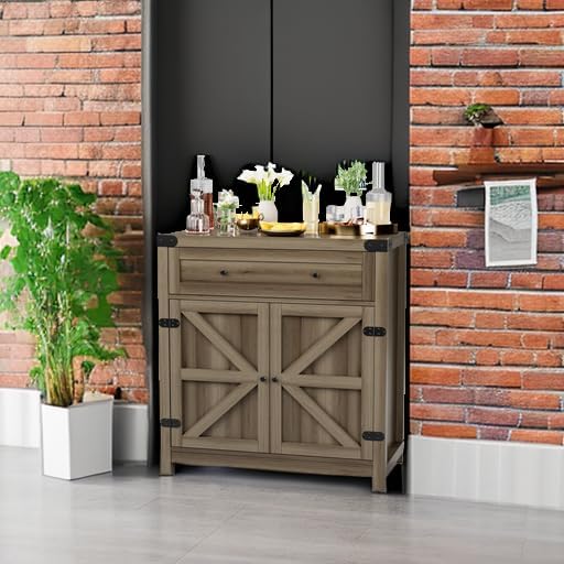 JUMMICO Coffee Bar Cabinet Farmhouse Kitchen Sideboard Buffet Cabinet with Drawer and Adjustable Shelf Barn Door Storage Cabinet for Kitchen, Dining Room, Bathroom, Entryway (Rustic Oak)