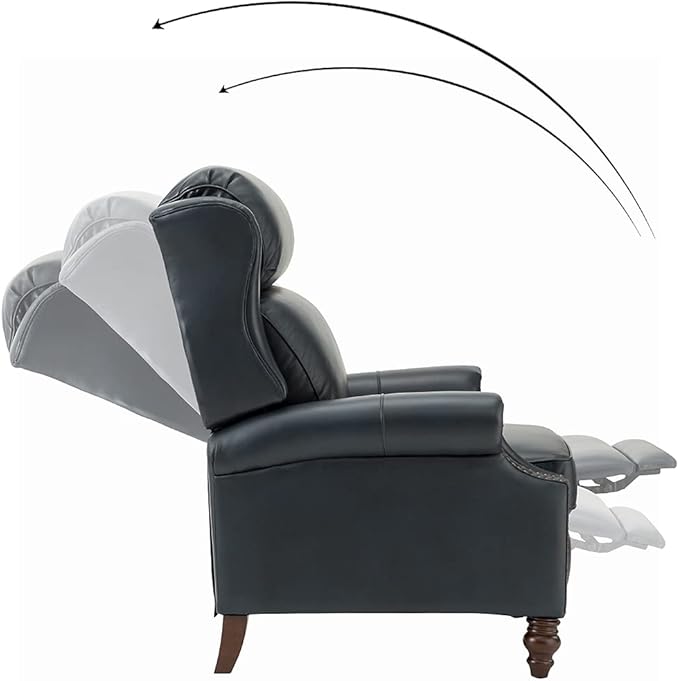 HULALA HOME Genuine Leather Recliner Chair, Traditional Manual Pushback Comfy Seating for Living Room, Thick Cushion & Solid Wood Legs, Wingback Recliner with Nailhead Trim, Navy