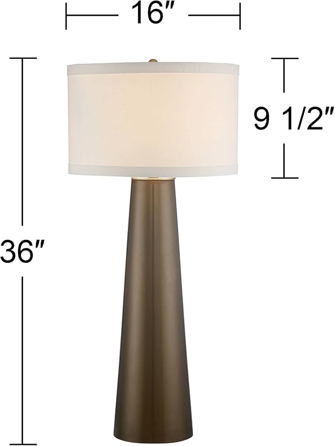 Possini Euro Design Karen Modern Table Lamp 36" Tall with USB Dimmer Dark Gold Glass Column Off White Fabric Drum Shade for Bedroom Living Room House Bedside Nightstand Home Office Entryway Family