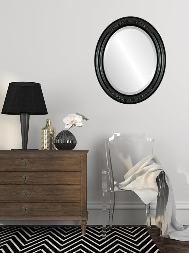 OVALCREST Oval Beveled Wall Mirror for Home Decor - Florence Style - Gloss Black - 32" x 26"