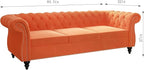 Chesterfield 3 Seater Sofa, Modern Velvet Tufted Couch 3 Seater with Rolled Arms and Nailhead Mid-Century Upholstered Couch for Living Room, Bedroom, Apartment and Office, Orange