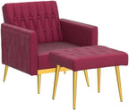 Velvet Accent Chair with Adjustable Armrests and Backrest, Button Tufted Lounge Chair, Single Recliner Armchair with Ottoman and Pillow for Living Room, Bedroom, Fuchsia